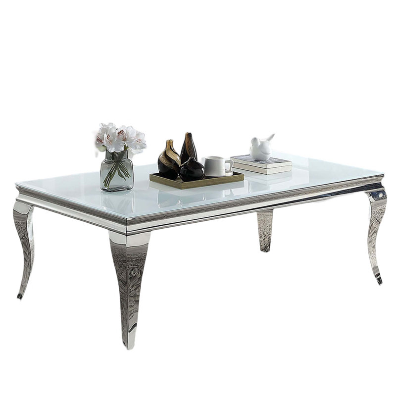 Coffee Table White Glass Top Silver Color Table Living Room Stainless Steel Cabriole Style Legs
